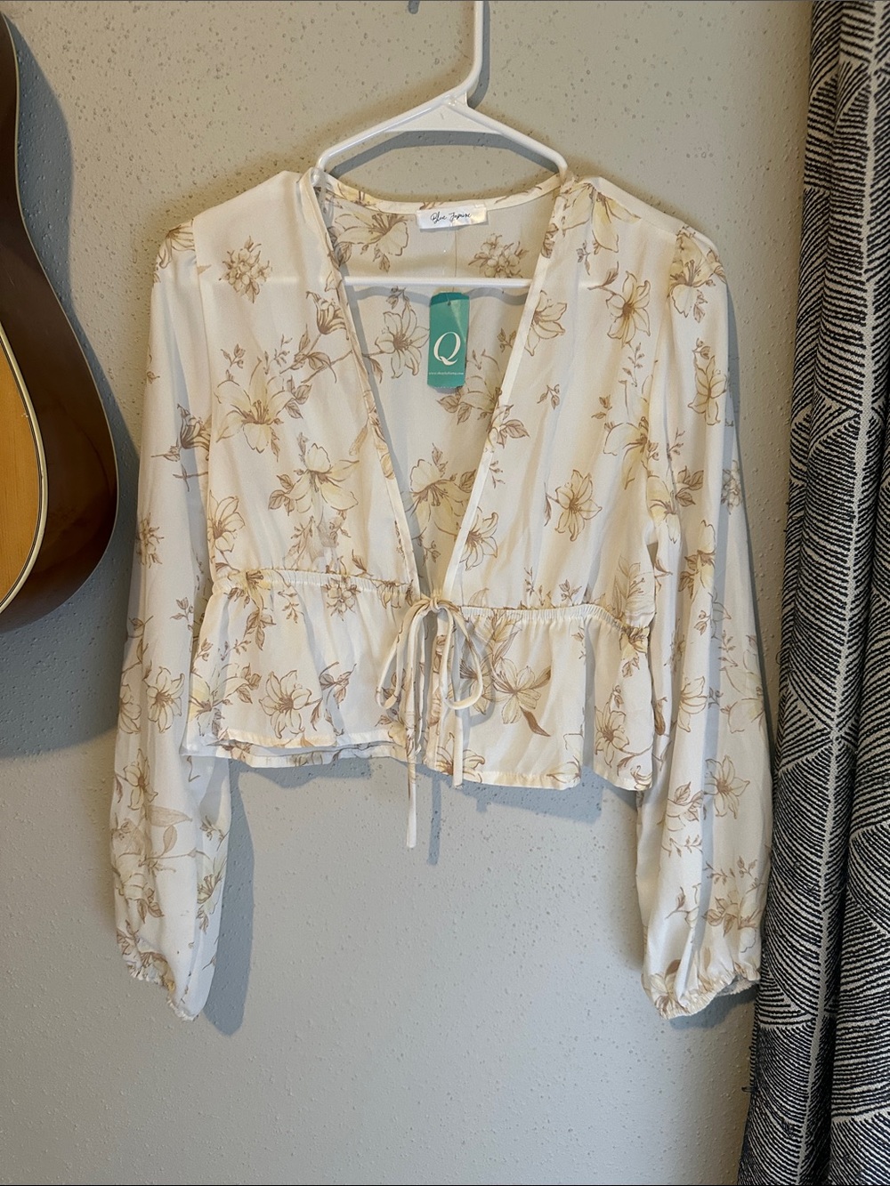 Beige Floral Tie-Front Peplum Blouse